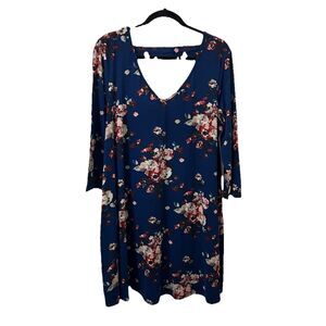 LA Gypsy Blue Floral Long Sleeve Dress Womens Size L Cottage Core Boho